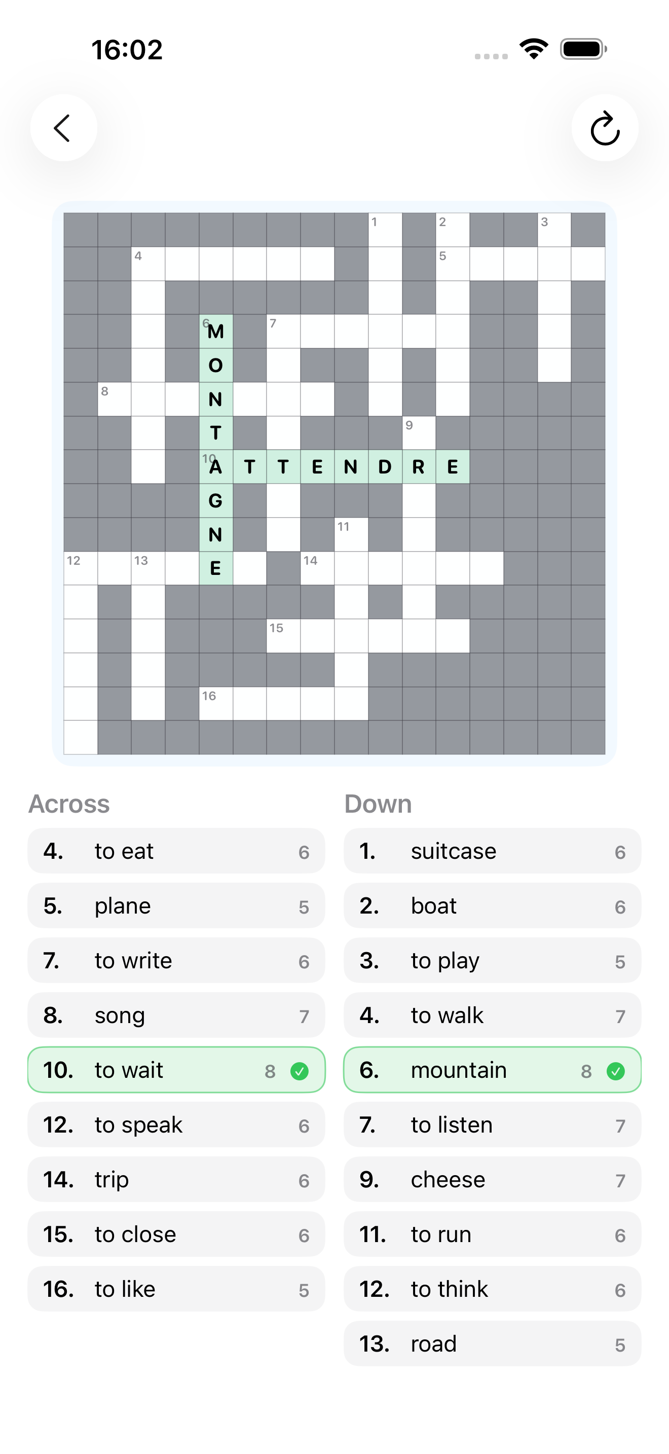 Crossword game screenshot
