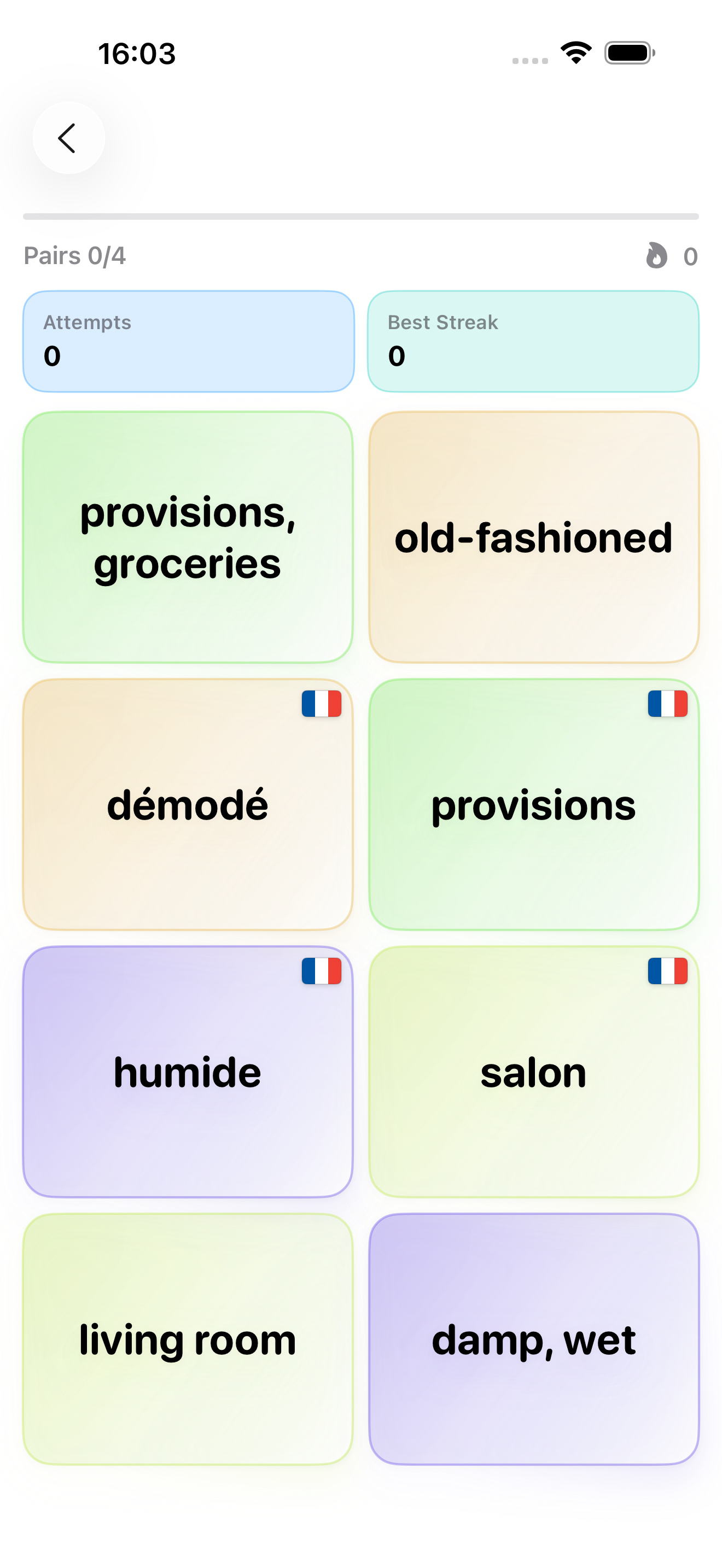 French Vocab Games pairs game screenshot