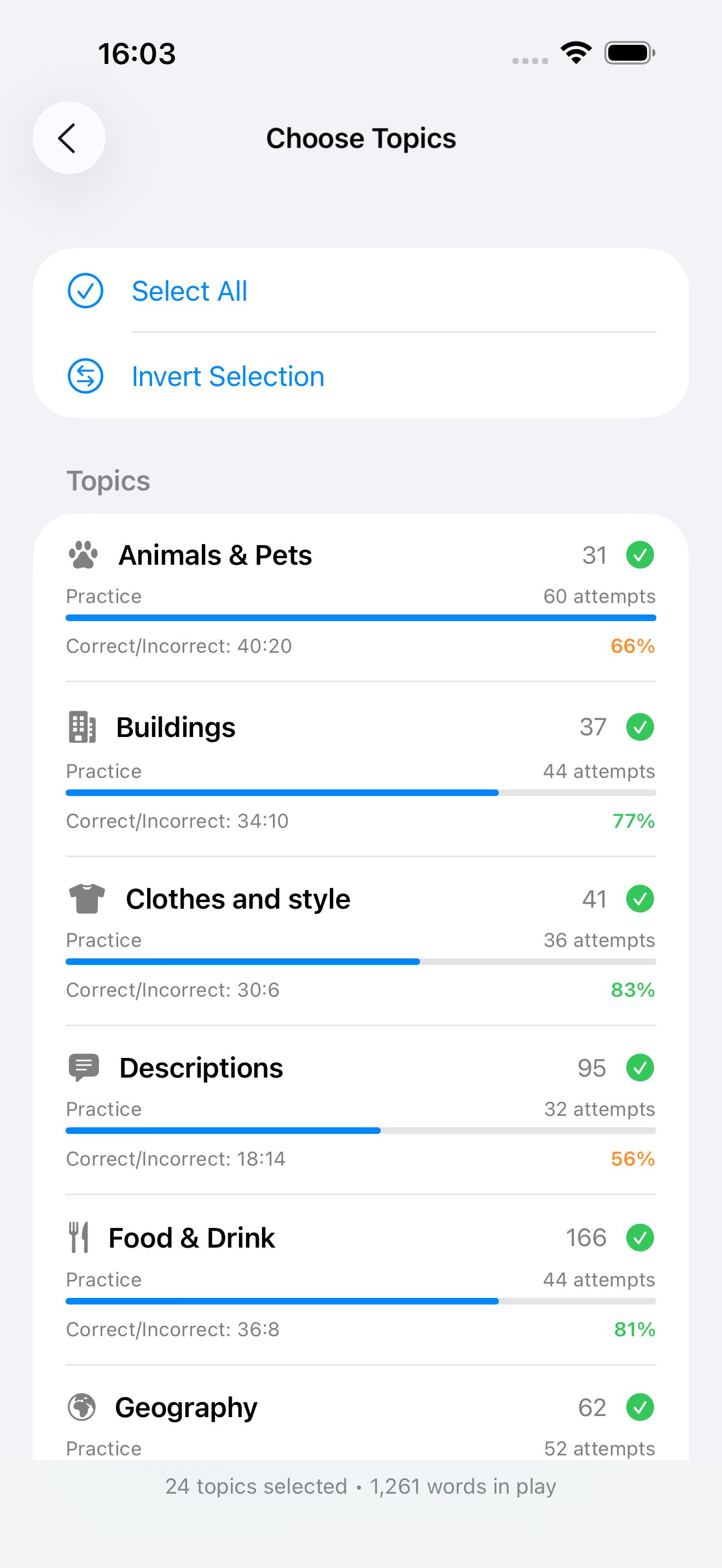 French Vocab Games topic statistics screen