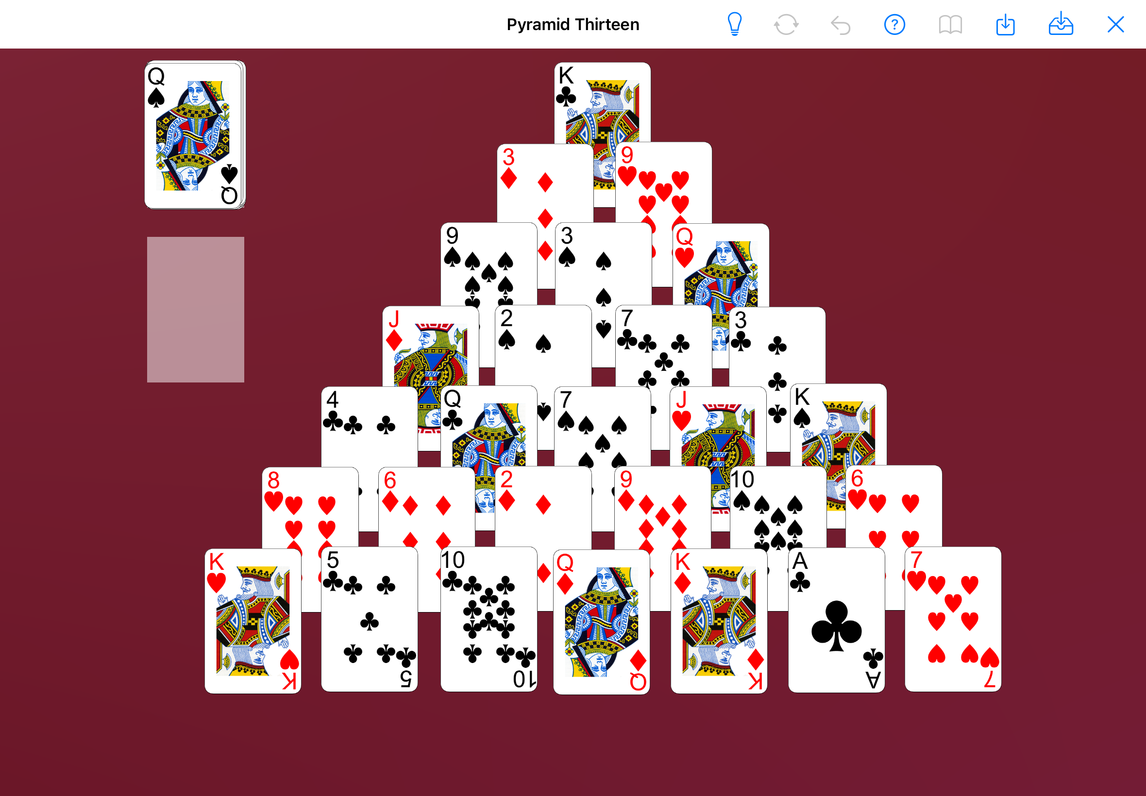 Solitaire Whizz Pyramid Thirteen gameplay screen on iPad