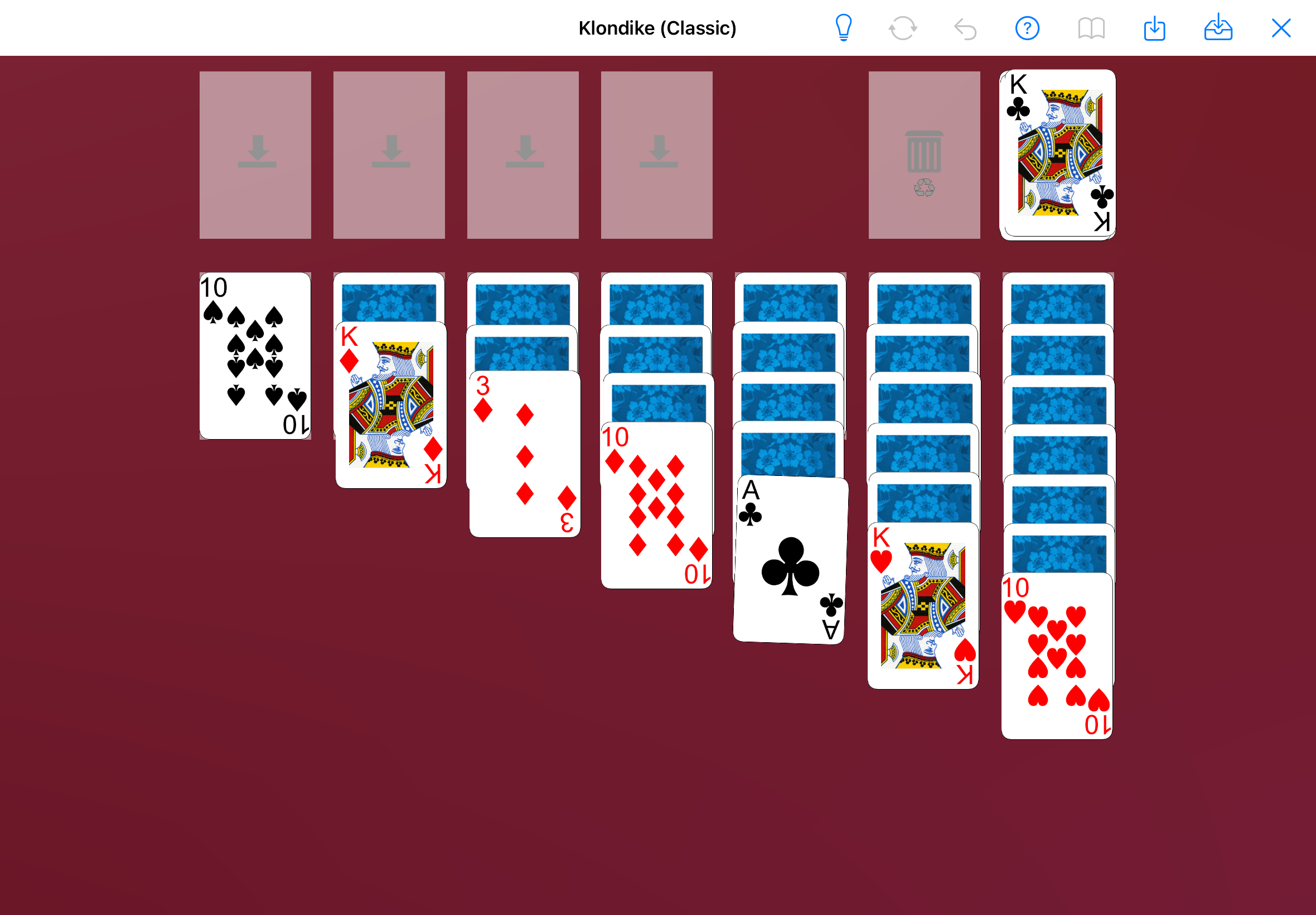 Solitaire Whizz Klondike gameplay screen on iPad